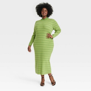 Black History Month Women's Long Sleeve House of Aama High Neck Maxi Knit Dress - Green Striped 2X
