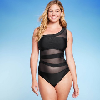 Women's Mesh Front Asymmetrical One Shoulder One Piece Swimsuit - Shade & Shore Black L