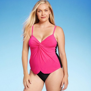 Women's UPF 50 Draped Front One Piece Swimsuit - Aqua Green Pink XL