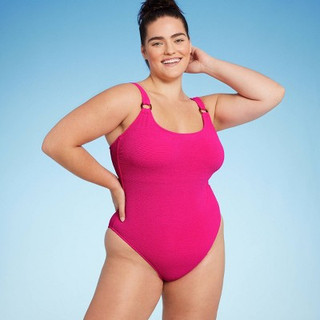 Women's Square Neck Pucker High Leg One Piece Swimsuit - Shade & Shore Hot Pink 16