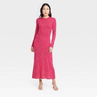 Women's Long Sleeve Maxi Pointelle Dress - A New Day Pink L