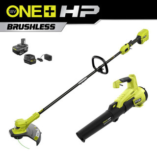 Like New -  RYOBI ONE+ HP 18V Brushless Cordless Battery String Trimmer and Leaf Blower Combo Kit with 4.0 Ah Battery and Charger