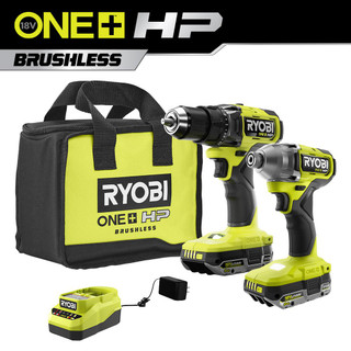 Like New -  RYOBI ONE+ HP 18V Brushless Cordless 1/2 in. Drill/Driver and Impact Driver Kit w/ (2) 2.0 Ah Batteries, Charger, and Bag