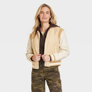 New - Women's Shrunken Varsity Jacket - Universal Thread Brown XL