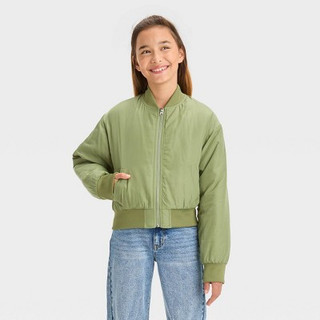 Girls' Cropped Bomber Jacket - art class Olive Green S
