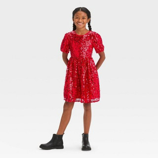 Girls' Short Puff Sleeve Sequin Dress - Cat & Jack Red M