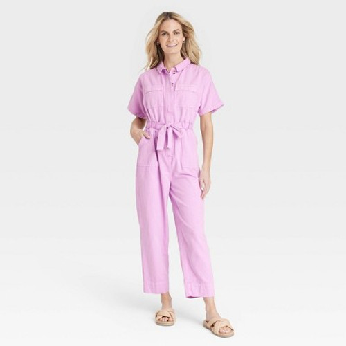 New - Women's Short Sleeve Button-Front Boilersuit - Universal Thread Pink 2