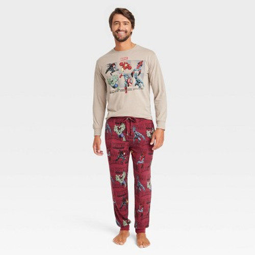 New - Men's Marvel Long Sleeve Sweater Knit Pajama Set - Dark Red/Tan S