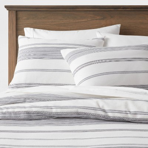 New - King Cotton Woven Stripe Duvet Cover & Sham Set White/Navy - Threshold