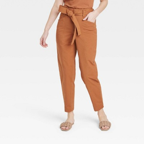 New - Women's High-Rise Tapered Ankle Tie-Front Pants - A New Day Brown 0