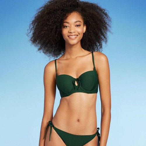 New - Women's Light Lift Tie-Front Keyhole Pique Textured Bikini Top - Shade & Shore Dark Green 36C