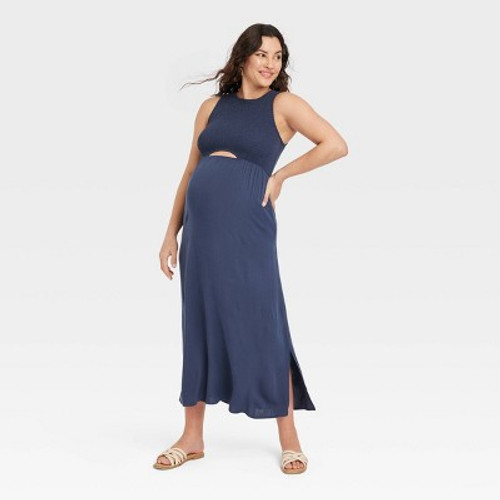 New - Smocked Cut Out Maxi Maternity Dress - Isabel Maternity by Ingrid & Isabel Blue L