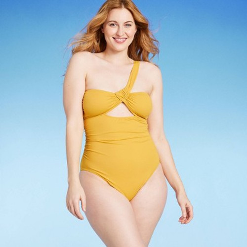 New - Women's Asymmetric Twist One Piece Swimsuit - Shade & Shore Gold L