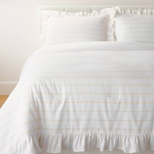 New - Full/Queen Yarn Dye Stripe with Ruffle Comforter & Sham Set White/Khaki - Threshold designed with Studio McGee