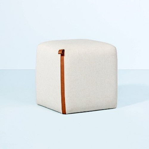 New - Square Fabric Ottoman with Faux Leather Trim - Heathered Cream - Hearth & Hand with Magnolia