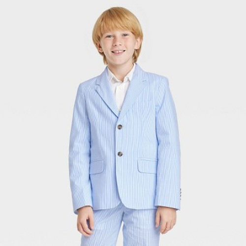New - Boys' Seersucker Striped Suit Jacket - Cat & Jack Blue 14