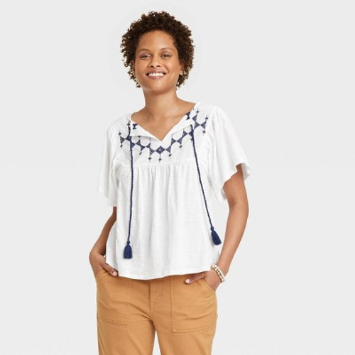 New - Women's Flutter Short Sleeve Embroidered Top - Knox Rose White/Blue S
