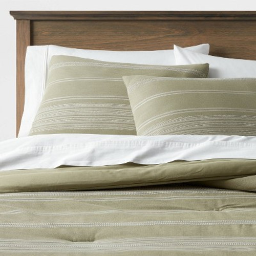 New - Full/Queen Cotton Woven Stripe Comforter & Sham Set Moss Green/White - Threshold
