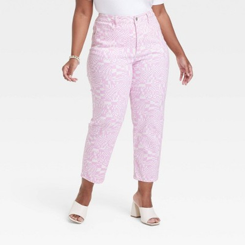 New - Women's High-Rise Cropped Slim Straight Jeans - Ava & Viv Pink Abstract 24