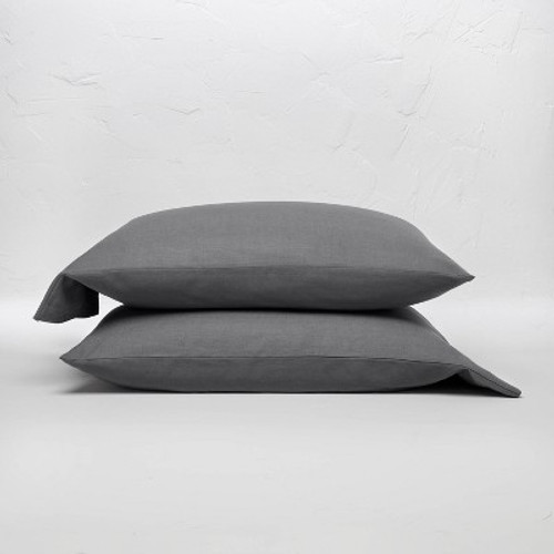 New - King 100% Washed Linen Solid Pillowcase Set Dark Gray - Casaluna™