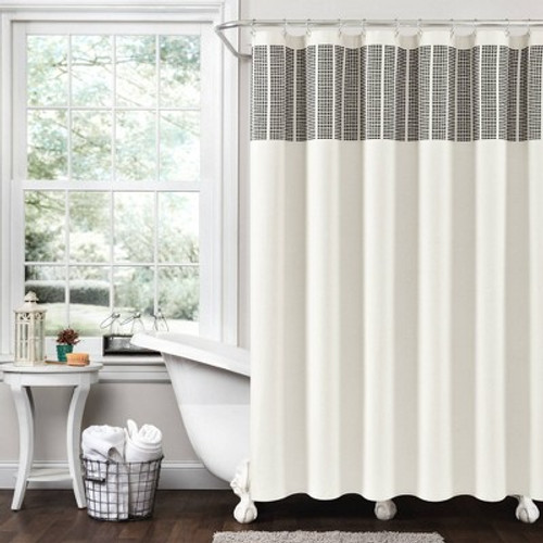 New - Stitched Woven Striped Yarn Dyed Cotton Shower Curtain Ivory/Black - Lush Décor