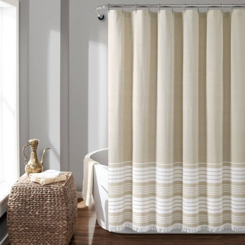New - Nantucket Yarn Dyed Cotton Tassel Fringe Shower Curtain Taupe/White - Lush Décor