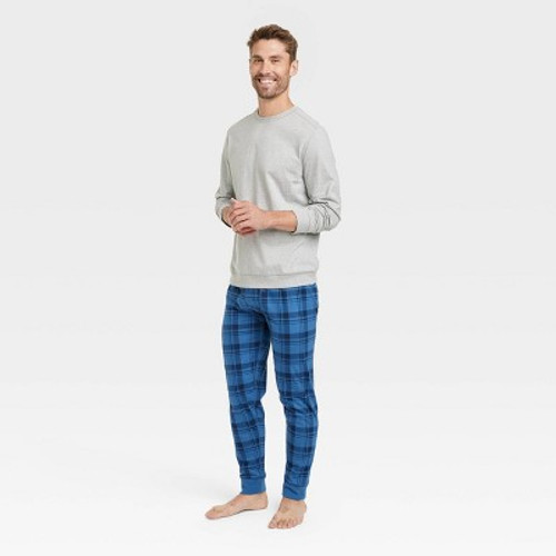 New - Men's 2pc Plaid Joggers and Long Sleeve Crewneck T-Shirt Pajama Set - Goodfellow & Co Blue S