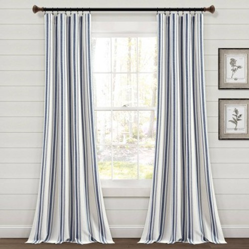 New - Set of 2 (84"x42") Farmhouse Striped Yarn Dyed Eco-Friendly Recycled Cotton Window Curtain Panels Navy - Lush Décor