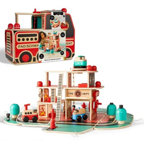 New - FAO Schwarz Rescue Responders Wooden Fire Station Playset - 21pcs