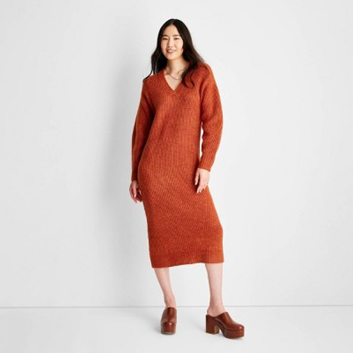 New - Women's Long Sleeve Chunky Sweater Midi Dress - Future Collective with Reese Blutstein Rust S