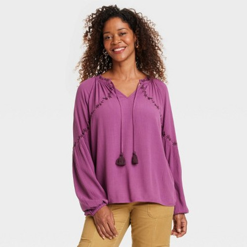 New - Women's Balloon Sleeve Embroidered Blouse - Knox Rose Violet S