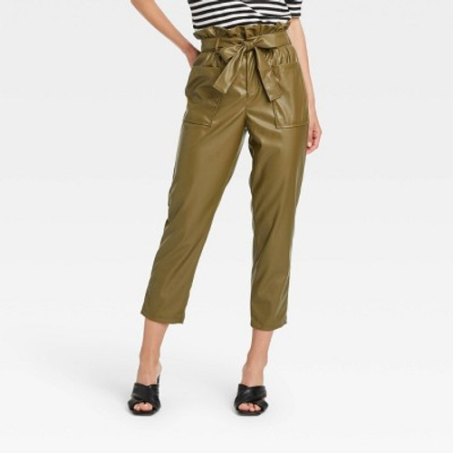 New - Women's  Ankle Length Paper Bag Trousers- Who What Wear Green 2