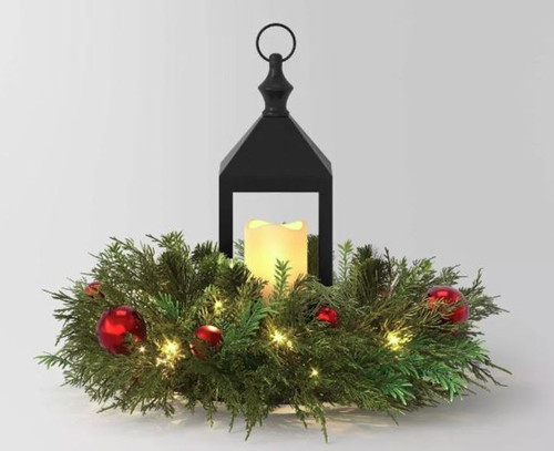 New - DISPLAY 051019484 16" Pre-lit LED Battery Operated Greenery Artificial Pot Filler with Lantern and Candle Warm White Lights - Wondershop