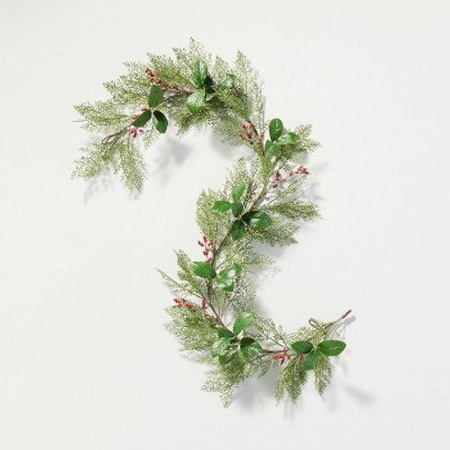 New - 6' Faux Cedar & Magnolia Leaf with Winterberries Christmas Garland - Hearth & Hand with Magnolia