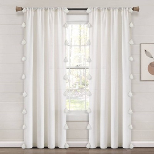 New - 84"x52" Boho Faux Linen Texture Tassel Rod Pocket Window Curtain Panels White - Lush Décor