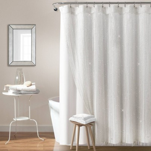 New - 72"x72" Night Sky String Thread with Peva Lining Shower Curtain White - Lush Décor