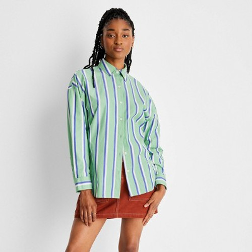 New - Women's Long Sleeve Striped Button-Down Shirt - Future Collective with Reese Blutstein Green XS
