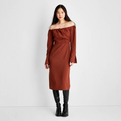 New - Women's Off the Shoulder Long Sleeve Midi Dress - Future Collective with Reese Blutstein Rust 0