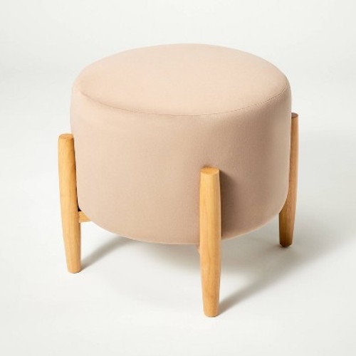 Open Box Elroy Round Velvet Ottoman with Wooden Legs Light Brown - Threshold designed with Studio McGee