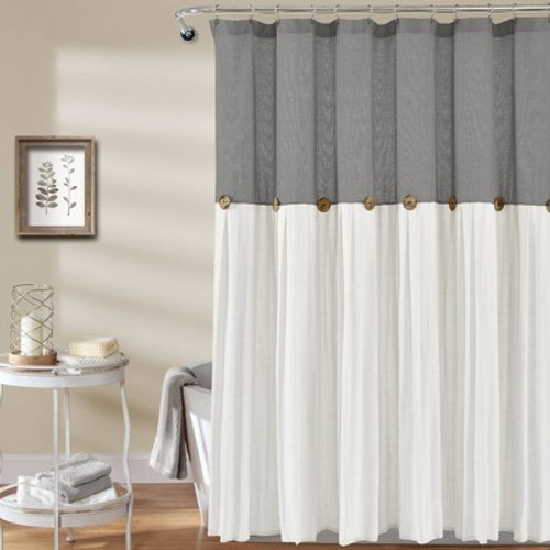 New - 72"x72" Linen Button Shower Curtain Gray/White - Lush Décor