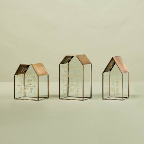 New - Decorative Glass & Brass Christmas Houses (Set of 3) - Hearth & Hand with Magnolia