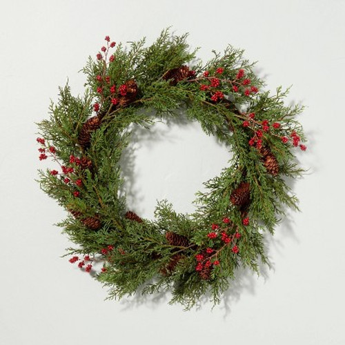 New - 26" Faux Cedar & Winterberry Christmas Wreath with Pinecones - Hearth & Hand with Magnolia