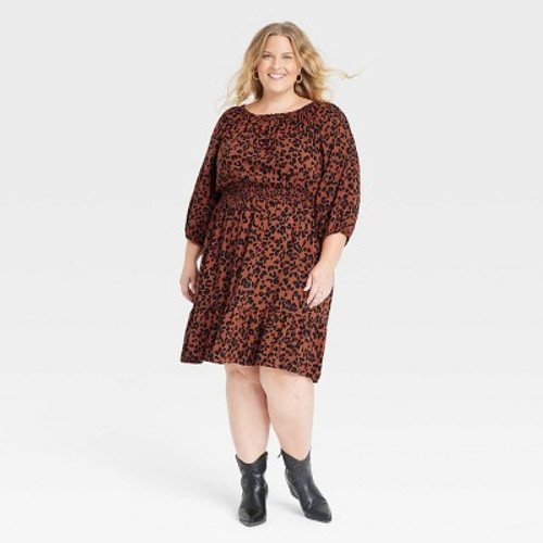 New - Women's Long Sleeve A-Line Dress - Knox Rose Dark Brown Leopard Print XXL