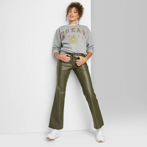 New - Women's Low-Rise Faux Leather Flare Pants - Wild Fable Olive Green 16