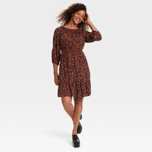 New - Women's Long Sleeve A-Line Dress - Knox Rose Dark Brown Leopard Print XS