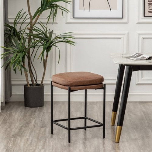 Open Box Modern Square Counter Height Barstool Faux Leather Walnut - WOVENBYRD
