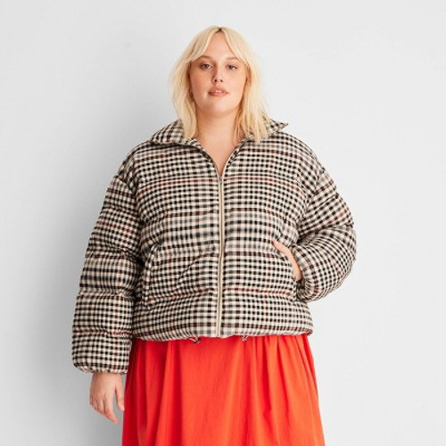 New - Women's Zip-Up Checkered Puffer Coat - Future Collective with Reese Blutstein Brown 3X