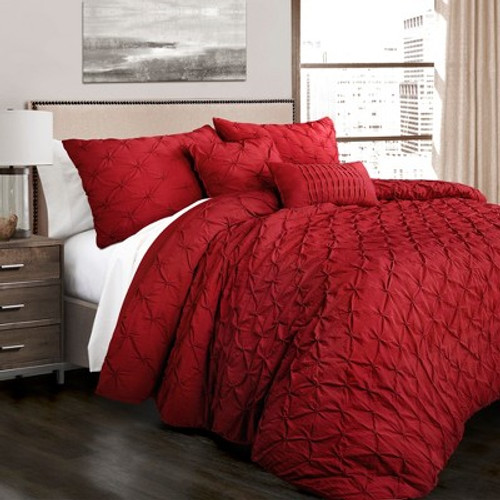 New - 5pc Full/Queen Ravello Pintuck Comforter Set Red - Lush Décor