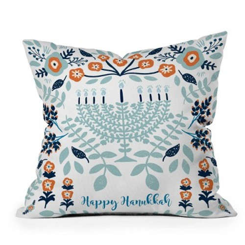 New - 16"x16" Marni Floral Hanukkah Menorah Square Throw Pillow White/Blue - Deny Designs
