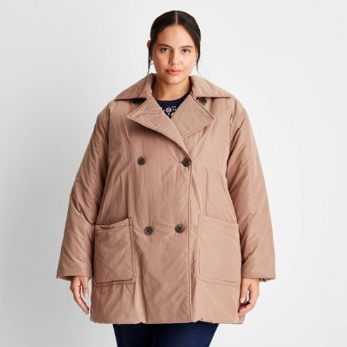 New - Women's Notched Lapel Double Breasted Puffer Coat - Future Collective with Reese Blutstein Tan 1X